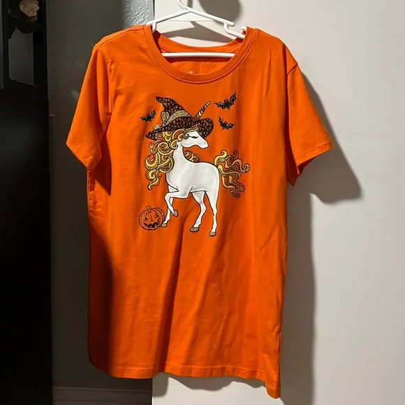 Celebrate Halloween Unicorn Shimmer Orange Tee Shirt Girls XL 14/16 Like New - Picture 5 of 5